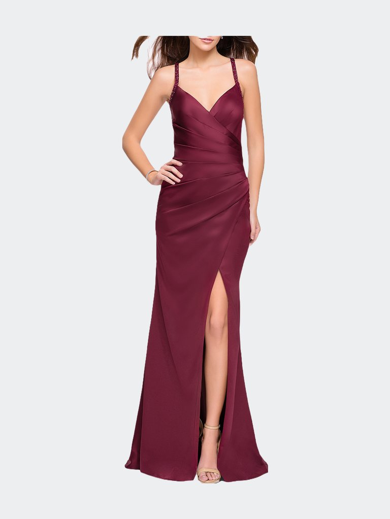 Satin Prom Dress with Ruching and Open Strappy Back - Burgundy