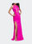 Satin Prom Gown With High Neck And Side Cut Outs - Hot Pink