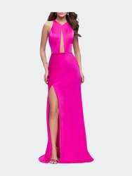 Satin Prom Gown With High Neck And Side Cut Outs