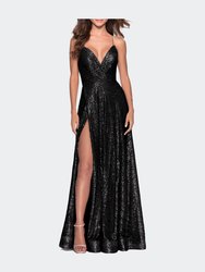 Sequin A-line Prom Dress with Slit and Pockets - Black
