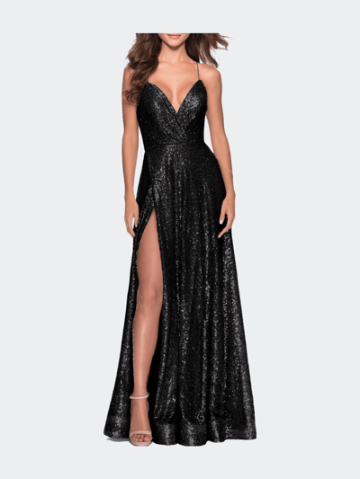 La Femme Sequin A-line Prom Dress with Slit and Pockets product