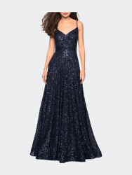 Sequin Empire Waist Prom Dress with V Back - Navy