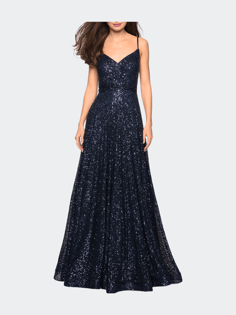 Sequin Empire Waist Prom Dress with V Back - Navy