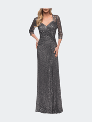 Sequin Evening Gown with Knot Detail on Front - Gunmetal