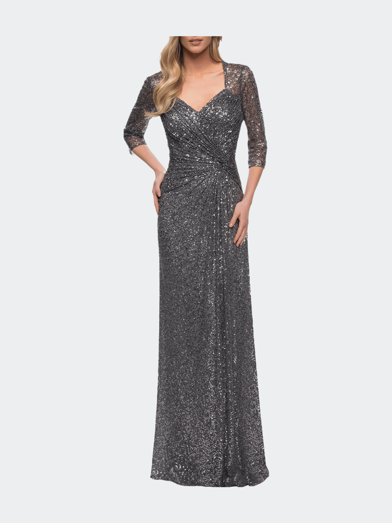 Sequin Evening Gown with Knot Detail on Front - Gunmetal