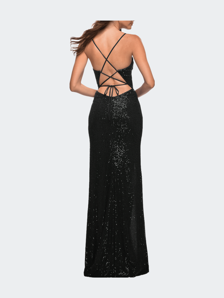 Sequin Gown with Deep V Neckline and Lace Up Back