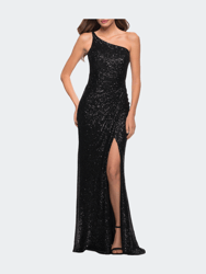 Sequin Gown with One Shoulder Top and Open Back - Black