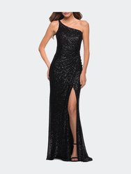 Sequin Gown with One Shoulder Top and Open Back - Black