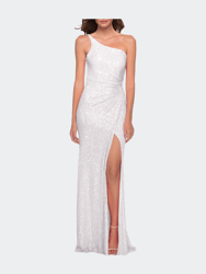 Sequin Gown with One Shoulder Top and Open Back - White