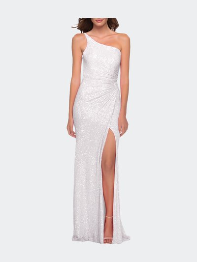La Femme Sequin Gown with One Shoulder Top and Open Back product