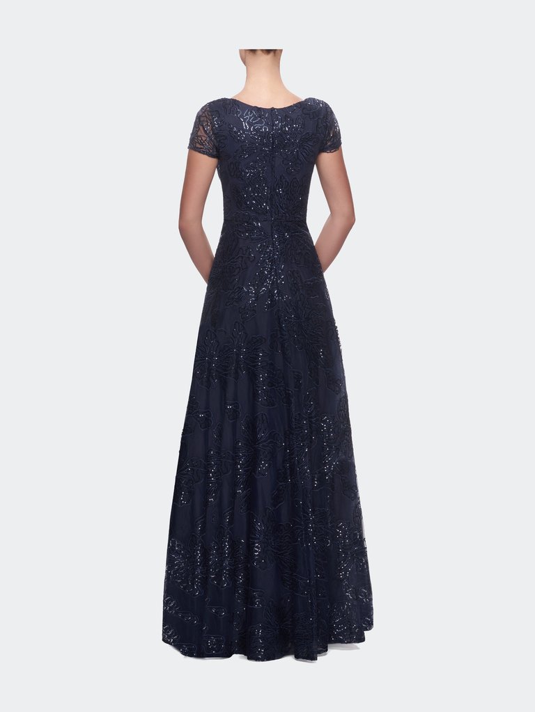 Sequin Lace A-line Gown with Sheer Short Sleeves