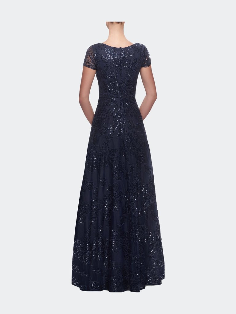 Sequin Lace A-line Gown with Sheer Short Sleeves