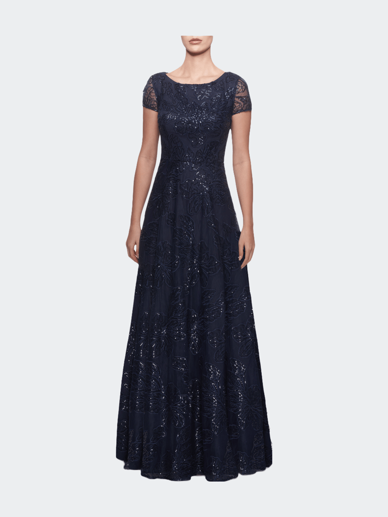 Sequin Lace A-line Gown with Sheer Short Sleeves - Navy