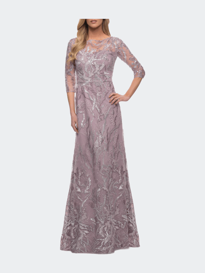 La Femme Sequin Lace Long Dress with Sheer Sleeves product