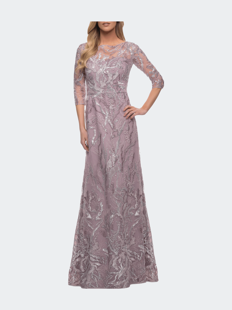 Sequin Lace Long Dress with Sheer Sleeves - Mauve