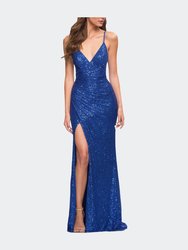 Sequin Long Prom Dress with Wrap Style Front - Royal Blue
