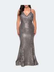 Sequin Plus Size Dress with Criss Cross Back - Silver