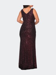 Sequin Plus Size Gown with Ruching and V-neck