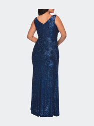 Sequin Plus Size Gown with Ruching and V-neck