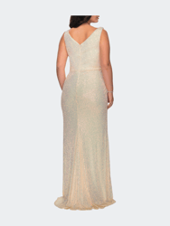 Sequin Plus Size Gown with Ruching and V-neck