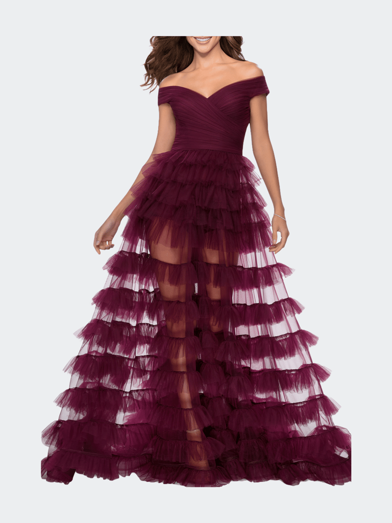 Sheer Layered Tulle Off the Shoulder Prom Gown - Dark Berry