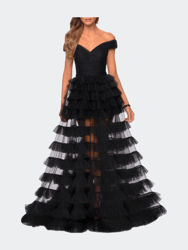 Sheer Layered Tulle Off the Shoulder Prom Gown - Black