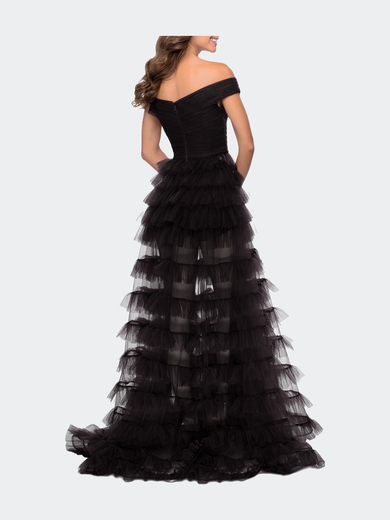 Sheer Layered Tulle Off the Shoulder Prom Gown