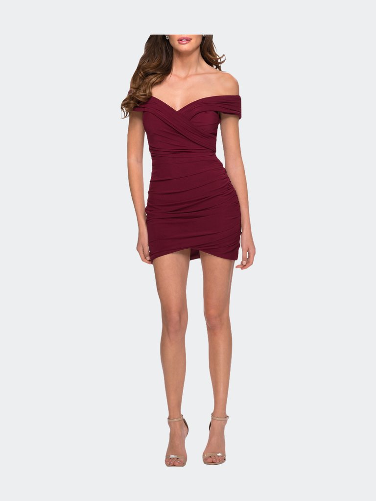 Short Off The Shoulder Jersey Homecoming Dress - Burgundy