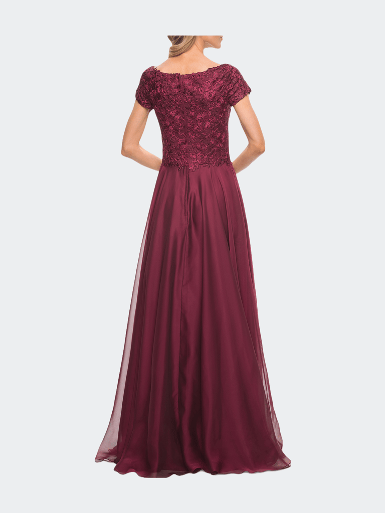 Short Sleeve Chiffon Dress With Lace Bodice