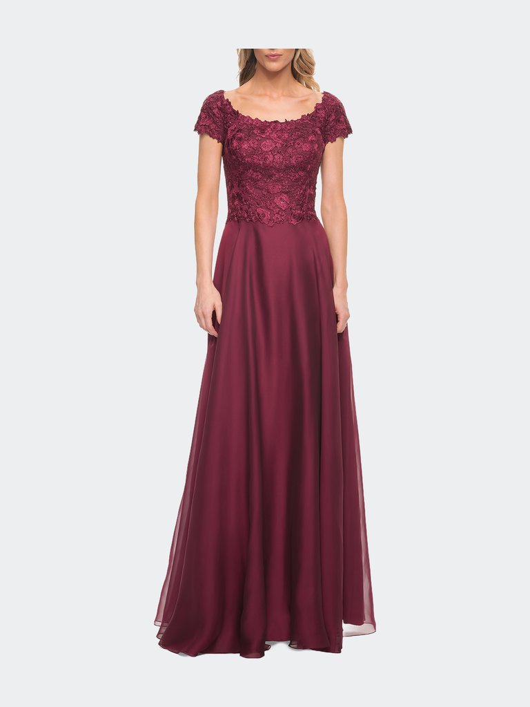 Short Sleeve Chiffon Dress With Lace Bodice - Garnet