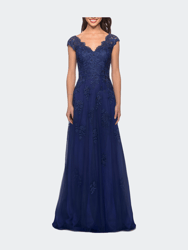 Short Sleeve Lace Gown with Cascading Embellishments - Marine Blue