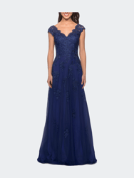 Short Sleeve Lace Gown with Cascading Embellishments - Marine Blue