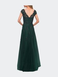 Short Sleeve Lace Gown with Cascading Embellishments