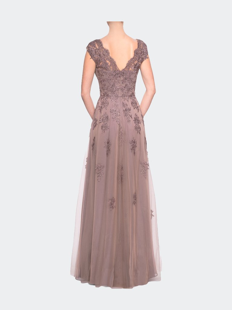 Short Sleeve Lace Gown with Cascading Embellishments
