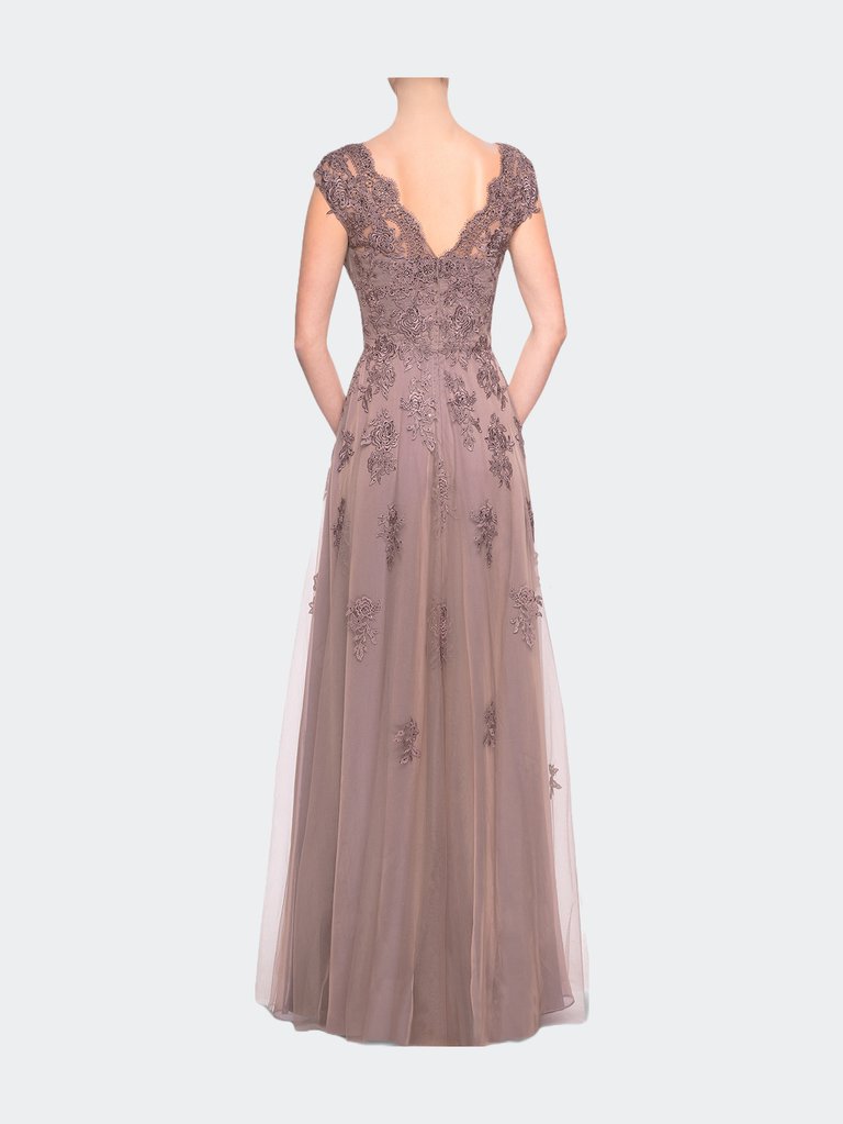 Short Sleeve Lace Gown with Cascading Embellishments
