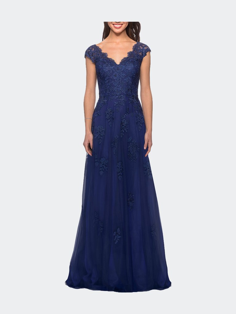 Short Sleeve Lace Gown with Cascading Embellishments - Marine Blue