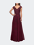 Short Sleeve Lace Gown with Cascading Embellishments - Burgundy