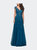 Short Sleeve Lace Gown with Cascading Embellishments - Teal