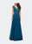 Short Sleeve Lace Gown with Cascading Embellishments - Teal