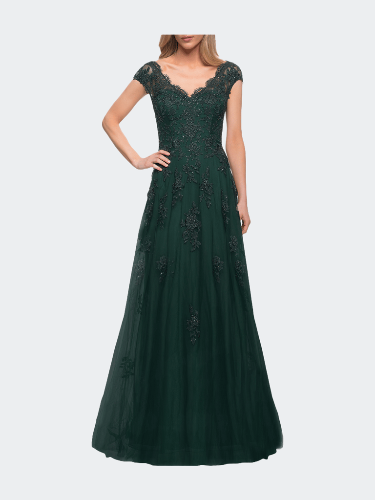 Short Sleeve Lace Gown with Cascading Embellishments - Dark Emerald