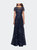 Short Sleeve Long Sequin Dress with Sheer Neckline - Navy