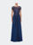 Short Sleeve Metallic Lace Evening Dress with Chiffon Skirt - Navy