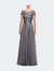 Short Sleeve Metallic Lace Evening Dress with Chiffon Skirt - Platinum