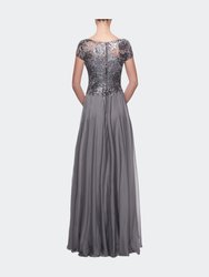 Short Sleeve Metallic Lace Evening Dress with Chiffon Skirt