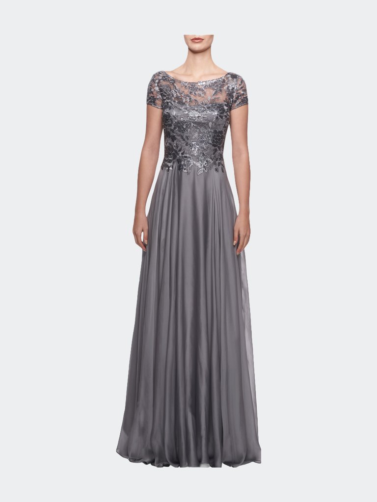 Short Sleeve Metallic Lace Evening Dress with Chiffon Skirt - Platinum