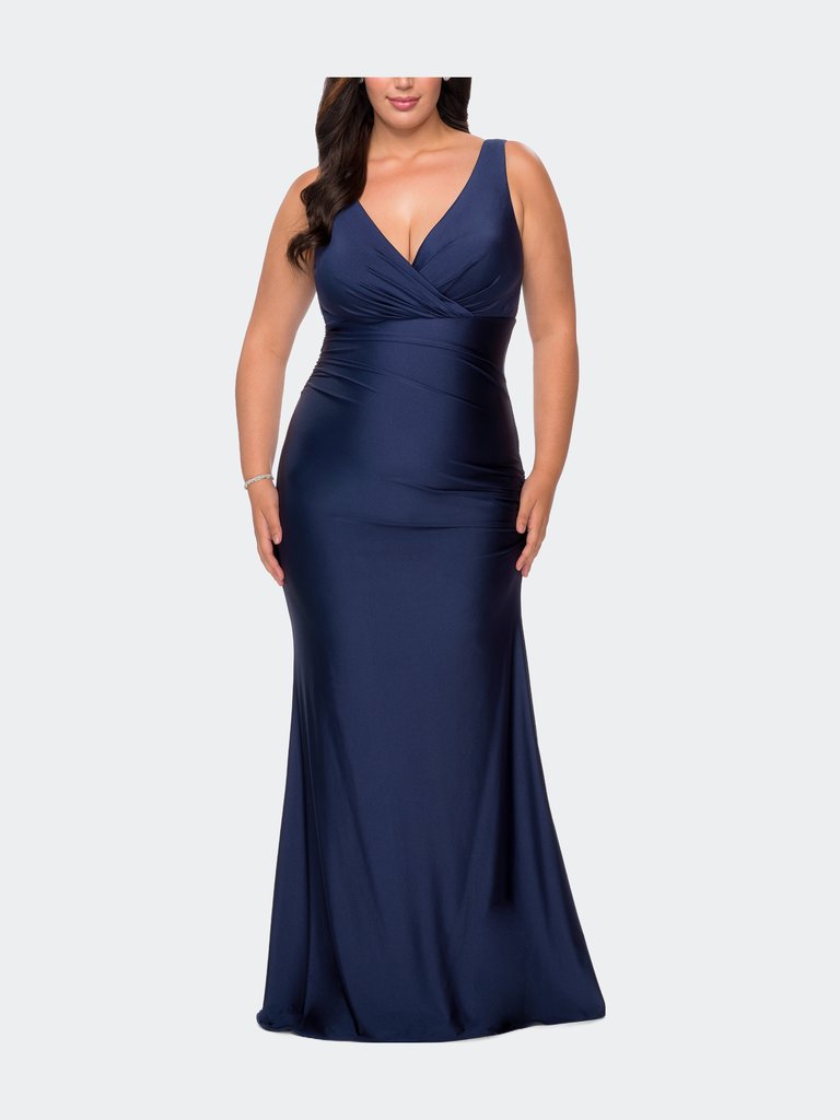 Simple Jersey Plus Size Gown with Faux Wrap Bodice - Navy