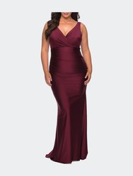 Simple Jersey Plus Size Gown with Faux Wrap Bodice - Dark Berry
