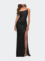 Simple One Shoulder Long Sequin Evening Gown - Black