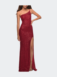 Simple One Shoulder Long Sequin Evening Gown - Red