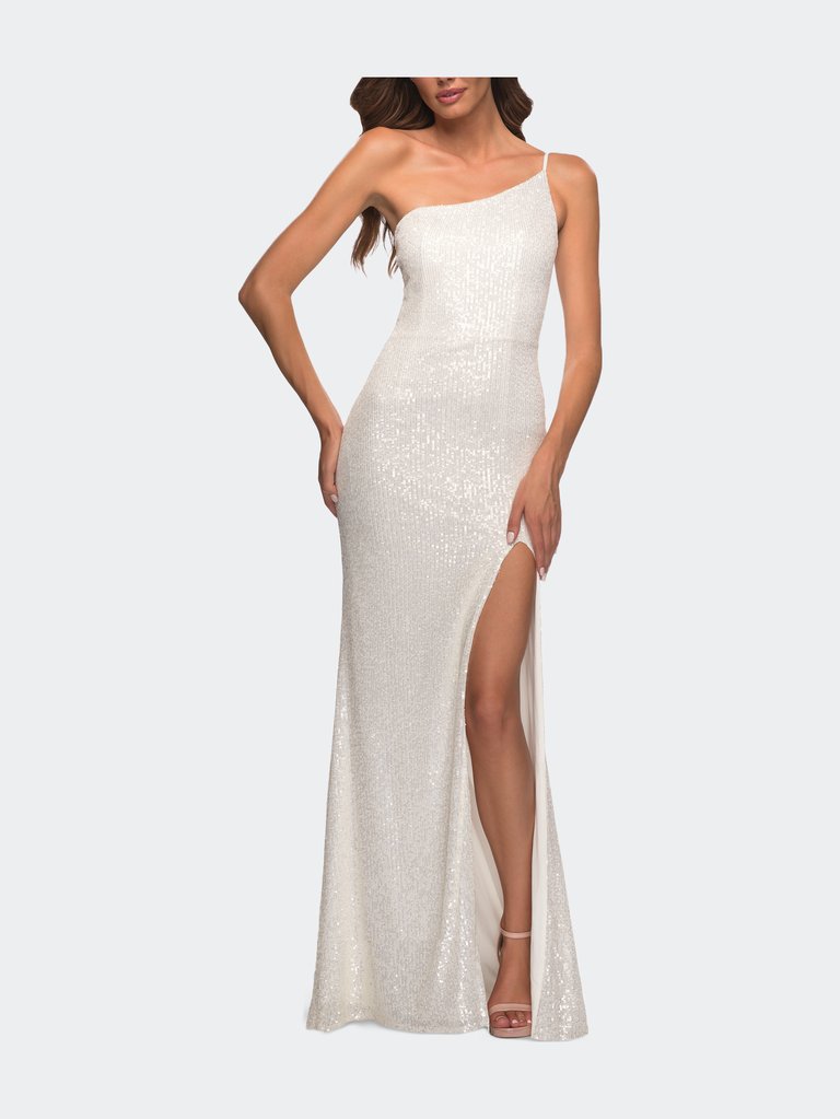 Simple One Shoulder Long Sequin Evening Gown - White
